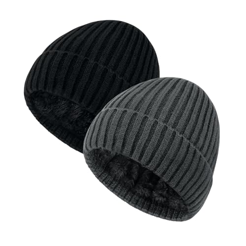 Chalier 2er Slouch Beanie Strickmütze Wintermütze Herren Damen, Warme Winter Mütze mit Fleece Innenfutter Unisex MEHRWEG(Schwarz+Grau) von Chalier