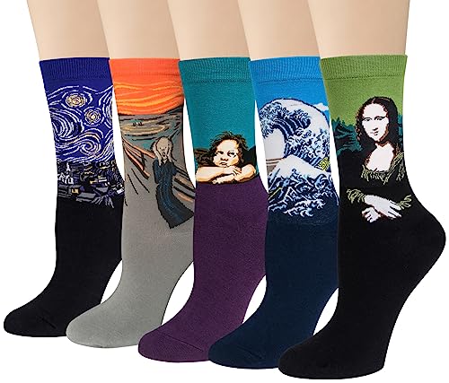 Chalier Cozy 4 Paar Lustige Kunst Socken Damen Baumwolle Bunte Gemusterte Socken Geschenk für Frauen Einheitsgröße Blau1 von Chalier Cozy