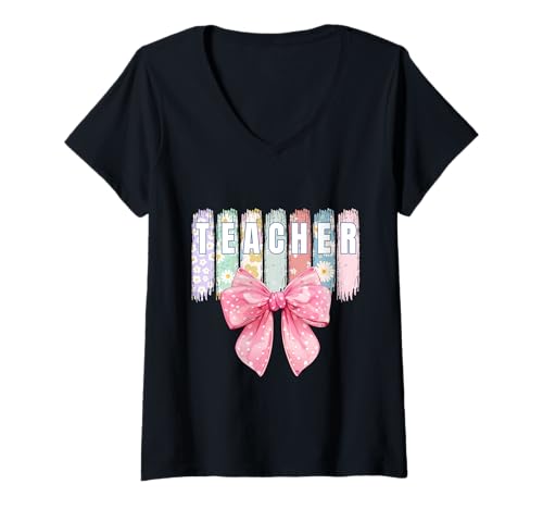 Damen Pastell Lehrer-Schleifen-Design T-Shirt mit V-Ausschnitt von Chalk Board & Bows Co.