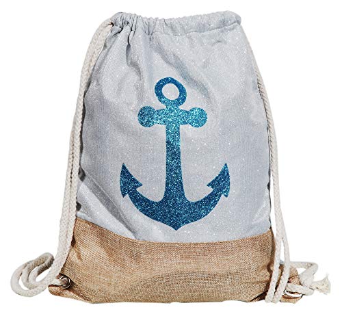 Cham Cham Damen Rucksackbeutel Textil 41x33 Blau Beige Anker Marine Turnbeutel von Cham Cham