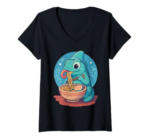 Damen Chamäleon isst Ramen Nudeln Japanisches Vintage T-Shirt mit V-Ausschnitt von Chamäleon Ramen Nudeln Retro Kawaii Shop