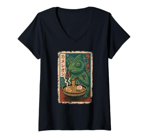 Damen Chamäleon isst Ramen Nudeln Japanisches Vintage T-Shirt mit V-Ausschnitt Damen Chamäleon isst Ramen Nudeln Japanisches Vintage T-Shirt mit V-Ausschnitt von Chamäleon Ramen Nudeln Retro Kawaii Shop