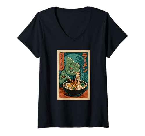 Damen Chamäleon isst Ramen Nudeln Japanisches Vintage T-Shirt mit V-Ausschnitt Damen Chamäleon isst Ramen Nudeln Japanisches Vintage T-Shirt mit V-Ausschnitt von Chamäleon Ramen Nudeln Retro Kawaii Shop
