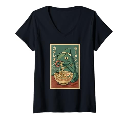 Damen Chamäleon isst Ramen Nudeln Japanisches Vintage T-Shirt mit V-Ausschnitt Damen Chamäleon isst Ramen Nudeln Japanisches Vintage T-Shirt mit V-Ausschnitt von Chamäleon Ramen Nudeln Retro Kawaii Shop