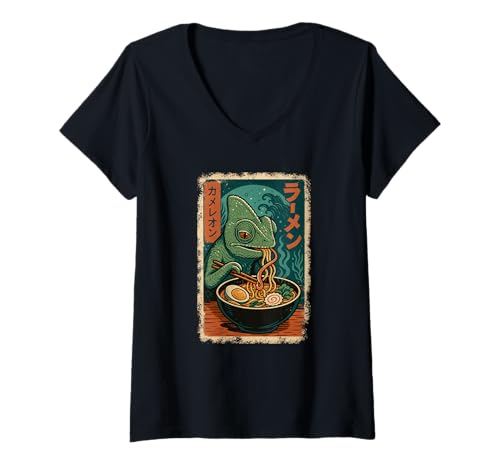 Damen Chamäleon isst Ramen Nudeln Japanisches Vintage T-Shirt mit V-Ausschnitt von Chamäleon Ramen Nudeln Retro Kawaii Shop
