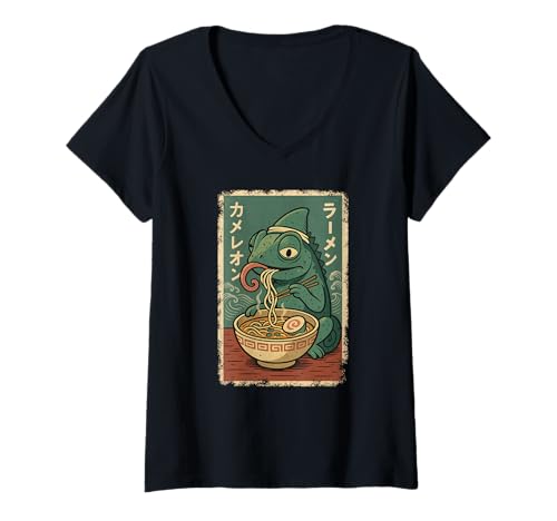 Damen Chamäleon isst Ramen Nudeln Japanisches Vintage T-Shirt mit V-Ausschnitt von Chamäleon Ramen Nudeln Retro Kawaii Shop