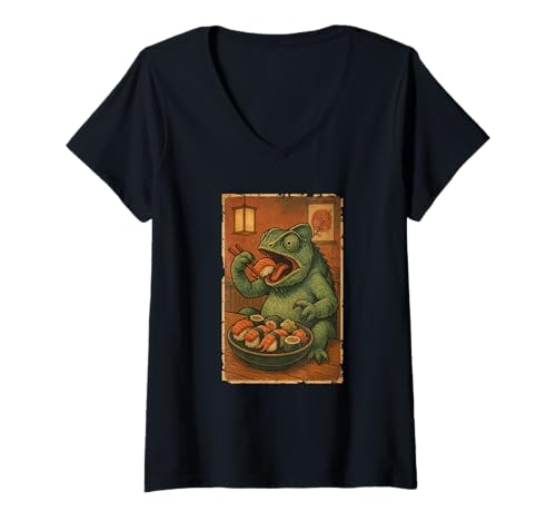 Damen Chamäleon isst Sushi Japanisches Vintage T-Shirt mit V-Ausschnitt Damen Chamäleon isst Sushi Japanisches Vintage T-Shirt mit V-Ausschnitt von Chamäleon Sushi Retro Kawaii Shop