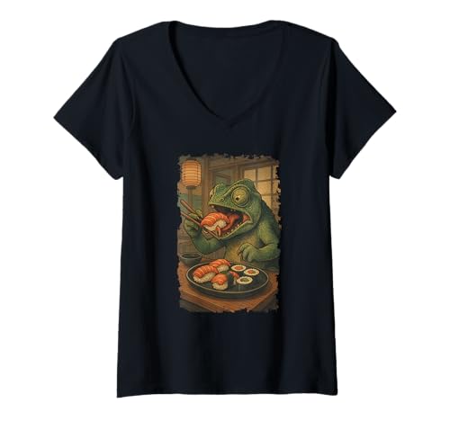 Damen Chamäleon isst Sushi Japanisches Vintage T-Shirt mit V-Ausschnitt Damen Chamäleon isst Sushi Japanisches Vintage T-Shirt mit V-Ausschnitt von Chamäleon Sushi Retro Kawaii Shop