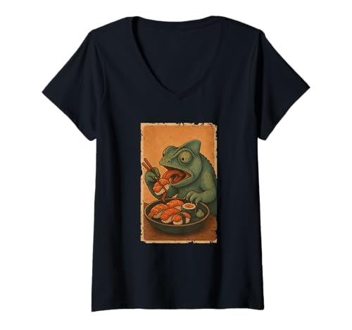 Damen Chamäleon isst Sushi Japanisches Vintage T-Shirt mit V-Ausschnitt Damen Chamäleon isst Sushi Japanisches Vintage T-Shirt mit V-Ausschnitt von Chamäleon Sushi Retro Kawaii Shop