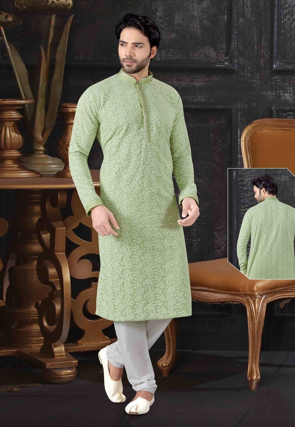 Hellgrüner Chikan Fertiger Kurta Pyjama, Lucknowi Chikankari Herren Pyjama Set, Mann Hochzeitskleid Für Mann, Eid Geschenk von Chamantailormade