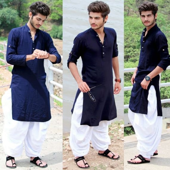 Herren Navy Blue Kurta Pyjama Pthani, Design Marken in Indien, Designs Pakistani Baumwollkleid von Chamantailormade