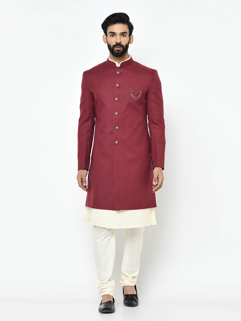 Kastanienbraun Kurta & Sherwani Mit Churidar | 3Er-Set, Herren Pyjama Hochzeitskleid, Weihnachtskleid, Bruder Geschenk Kleid von Chamantailormade