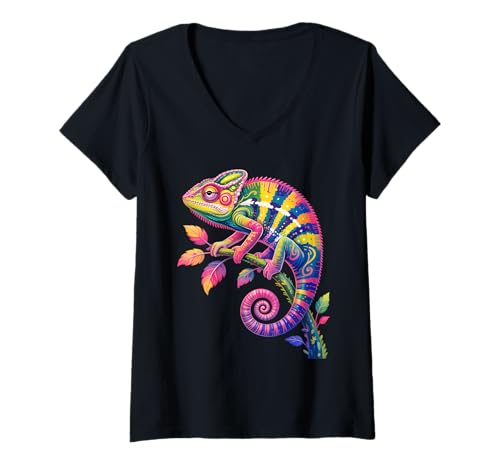 Damen Bunte Chamäleon-Eidechsenliebhaber, Wildblumen-Reptilien T-Shirt mit V-Ausschnitt von Chameleon Costume for Animal Lovers For Women Men