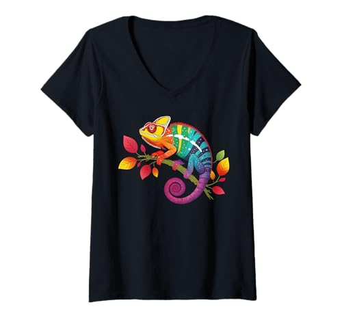 Damen Buntes Chamäleon-Reptilienliebhaber, Regenbogen-Eidechse, Damen, Herren T-Shirt mit V-Ausschnitt von Chameleon Costume for Animal Lovers For Women Men
