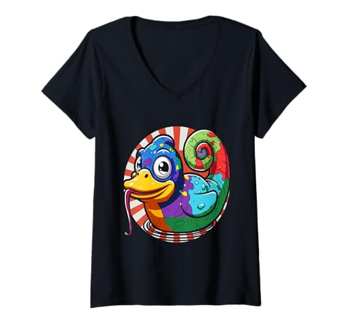 Damen Chamäleon Badeente T-Shirt mit V-Ausschnitt Damen Chamäleon Badeente T-Shirt mit V-Ausschnitt von Chameleon Ducklings