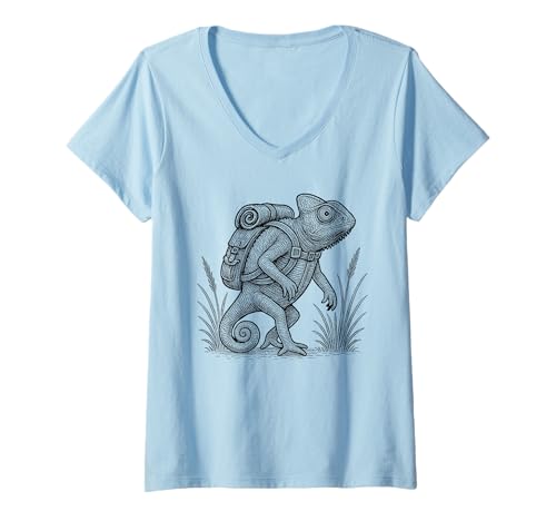 Damen Wandern Chamäleon Rucksackreisen Natur Reptilien Tier T-Shirt mit V-Ausschnitt von Chameleon Hiker Trekking Hike Merch.
