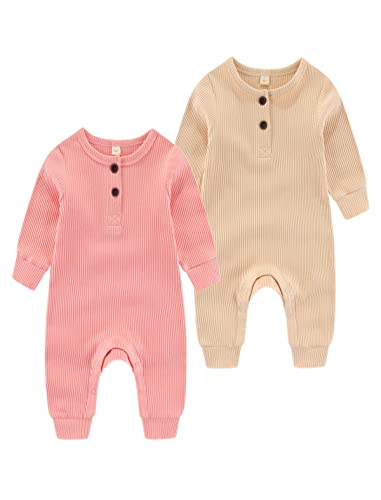 Chamie Baby Romper Newborn Knitted Jumpsuit Long Sleeve Baby Boys Girls Footless One-Piece Suit 0-24 Months,2 Pcs,Almond,Pink von Chamie