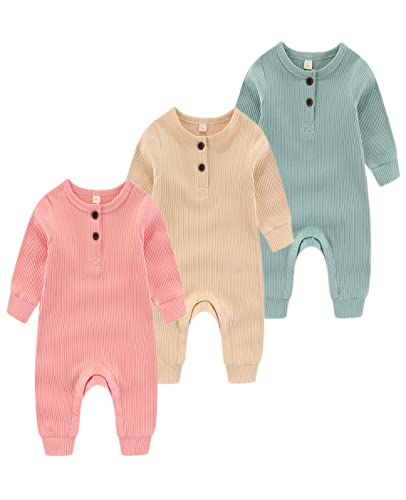 Chamie Baby Romper Newborn Knitted Jumpsuit Long Sleeve Baby Boys Girls Footless One-Piece Suit 0-24 Months,3 Pcs,Green,Almond,Pink von Chamie