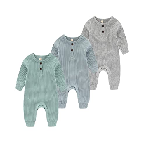 Chamie Baby Romper Newborn Knitted Jumpsuit Long Sleeve Baby Boys Girls Footless One-Piece Suit 0-24 Months,3 Pcs,Blue,Green,Grey von Chamie
