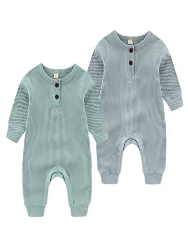 Chamie Baby Romper Newborn Knitted Jumpsuit Long Sleeve Baby Boys Girls Footless One-Piece Suit 0-24 Months,2 Pcs,Green,Blue von Chamie