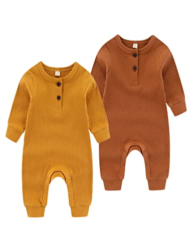 Chamie Baby Romper Newborn Knitted Jumpsuit Long Sleeve Baby Boys Girls Footless One-Piece Suit 0-24 Months,2 Pcs,Brown,Yellow von Chamie