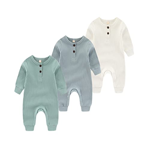 Chamie Baby Romper Newborn Knitted Jumpsuit Long Sleeve Baby Boys Girls Footless One-Piece Suit 0-24 Months,3 Pcs,Beige,Green,Blue von Chamie