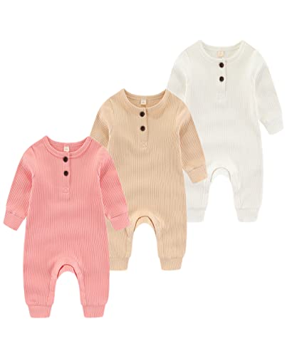 Chamie Baby Romper Newborn Knitted Jumpsuit Long Sleeve Baby Boys Girls Footless One-Piece Suit 0-24 Months,3 Pcs,Pink,Beige,Almond von Chamie