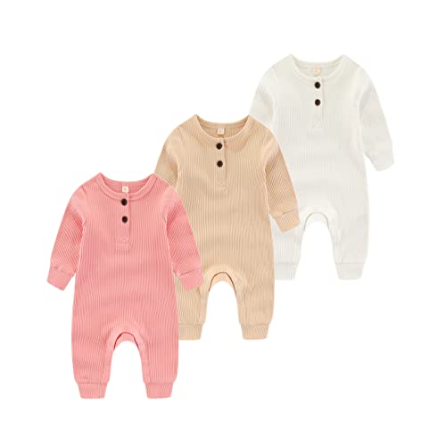 Chamie Baby Romper Newborn Knitted Jumpsuit Long Sleeve Baby Boys Girls Footless One-Piece Suit 0-24 Months,3 Pcs,Pink,Beige,Almond von Chamie
