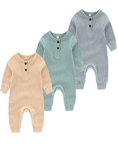 Chamie Baby Romper Newborn Knitted Jumpsuit Long Sleeve Baby Boys Girls Footless One-Piece Suit 0-24 Months,3 Pcs,Blue,Green,Almond von Chamie