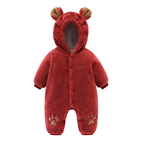 Chamie Baby Winter Strampler mit Kapuze Neugeborene Jungen Mädchen Jumpsuit Warm und weich 3-18 Monate, dunkelrot, 86 von Chamie