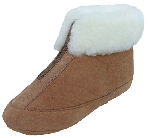 warme Herren Lammfell Hüttenschuhe Camel mit Reißverschluss, Fellkragen, weiche Ledersohle, Gr. 48 von Chamier Lammfellprodukte