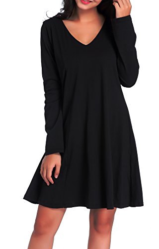 Chamllymers Damen Schwarz Schlafkleid Langarm Nachtkleid V Ausschnitt Baumwolle Nachtwäsche Nachthemden, schwarz, Large von Chamllymers