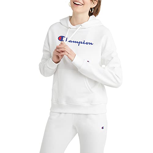 Champion Damen, Fleece, Comfortable Hoodie Sweatshirt for Women (Plus Kapuzenpullover, Weiß – klassisches Schrift-Logo, XXL von Champion