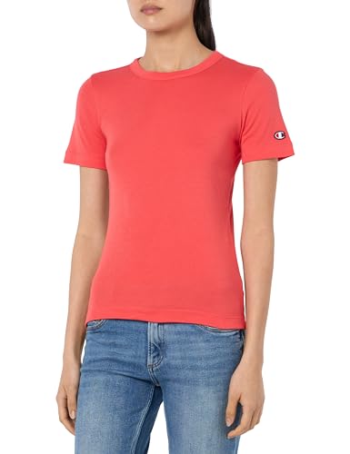 Champion Damen Legacy Icons Tonal Logo W-Soft Cotton 1x1 Rib S/S Crewneck T-Shirt, Korallenrot, Large von Champion