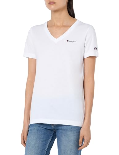 Champion Damen Legacy Icons W-Small Script Logo S/S V-Ausschnitt T-Shirt, Weiß, X-Large von Champion