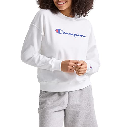 Champion Damen Crewneck, Powerblend, Fleece, Bestes (Übergröße erhältlich) Sweatshirt, Weiße Schrift, L von Champion