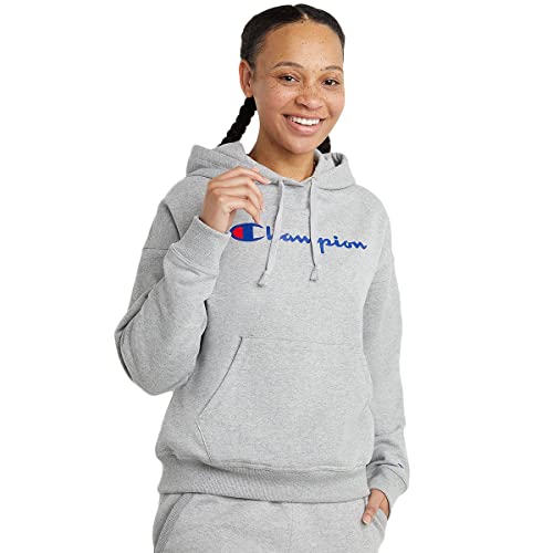 Champion Damen Powerblend Relaxed Hoodie, Siebdruck-Schriftzug Kapuzenpullover, Oxford Gray Script, 42 von Champion