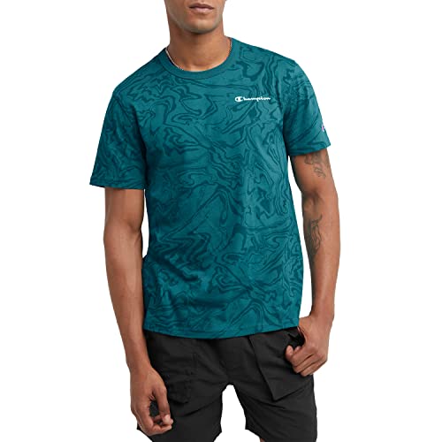 Champion Herren, 100% Baumwolle, Allover-Druck, flüssiger Marmordruck, T-Shirt, Liquid Marble Jungle Mint Grey Script, L von Champion