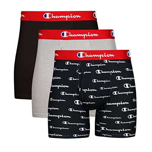 Champion Herren Boxer Briefs, Everyday Comfort Stretch Baumwolle Feuchtigkeitsableitende Unterwäsche, Multipack Retroshorts, Schwarz/Oxford Grey Heather/Black Script Logo – 3er-Pack, Large von Champion