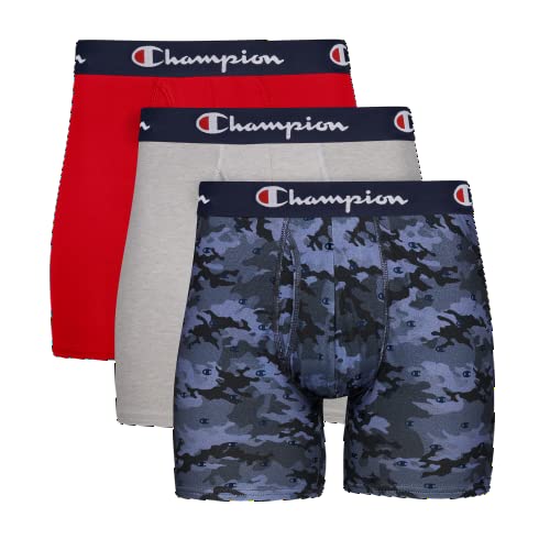 Champion Herren Boxershorts, Baumwolle, Stretch, 3er-Pack Retroshorts, Blauer Grafikdruck/Scharlachrot/Oxford Grey Heather, S von Champion