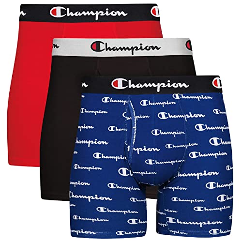 Champion Herren Boxer Briefs, Everyday Comfort Stretch Baumwolle Feuchtigkeitsableitende Unterwäsche, Multipack Retroshorts, Blau Weiß Script Logo/Schwarz/Rot-3er-Pack, L (3er Pack) von Champion