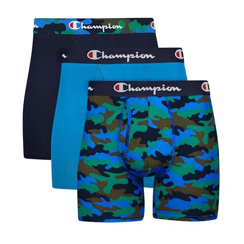 Champion Herren Boxershorts aus Polyester-Mischgewebe, 3 Stück Retroshorts, Blauer Camouflage-Druck/Balboa-Blau/Marineblau, L (3er Pack) von Champion