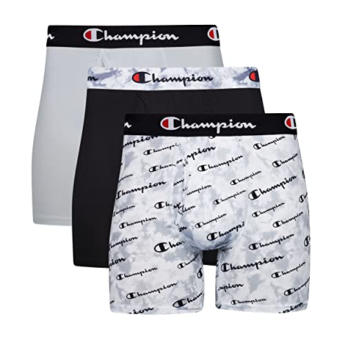 Champion Herren Boxershorts, Polyester-Mischgewebe, 3 Stück Retroshorts, Grauer Druck mit Schrift-Logo/Ebenholz/Silberstein, Medium von Champion