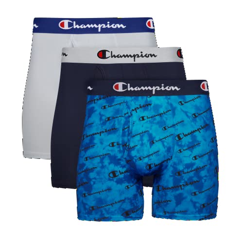 Champion Herren Boxershorts, leicht, Stretch, 3er-Pack Retroshorts, Blauer Druck Logo/Marineblau/Silberstein – 3 Stück, Medium von Champion