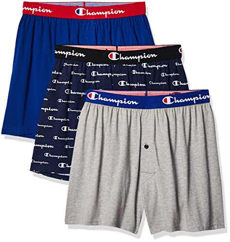 Champion Herren Cotton Stretch Boxer 3er Pack Boxershorts, Blau Logo/Oxford Grey Heather/Surf The Web Blue, Large von Champion