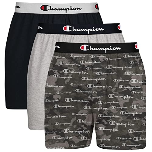 Champion Herren Cotton Stretch Boxer 3er Pack Boxershorts, Schwarz Camo Print mit Script Logo/New Ebenholz/Oxford Grey Heather, Large von Champion