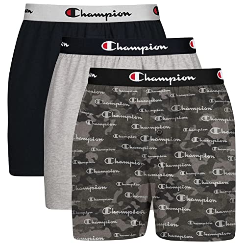 Champion Herren Cotton Stretch Boxer 3er Pack Boxershorts, Schwarzer Camouflage-Druck mit Script-Logo/neues Ebenholz/Oxford-Grau meliert, X-Large von Champion