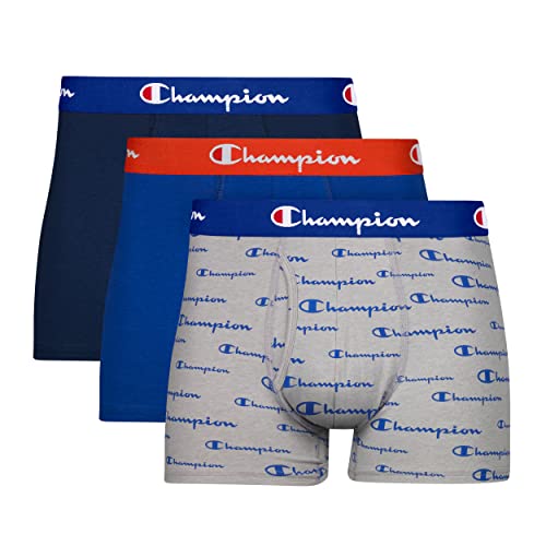 Champion Herren, Everyday Comfort Stretch Cotton Feuchtigkeitsableitende Unterwäsche, Multipack Badehose, Trunk – Grey Heather Script Logo/Surf The Web/Navy – 3er-Pack, L von Champion