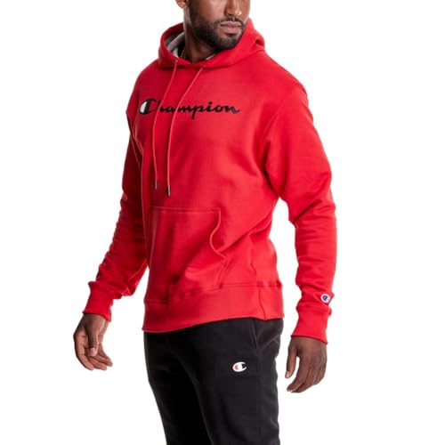 Champion Herren Sweatshirt Graphic Powerblend Fleece Hood, Team Red Scarlet/Champion Script, L von Champion