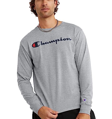 Champion Herren Klassisches Langarm, Standard-Passform, Script & C-Logo, Erhältlich in Regular und Big & Tall T-Shirt, Oxford-Grau, X-Groß von Champion
